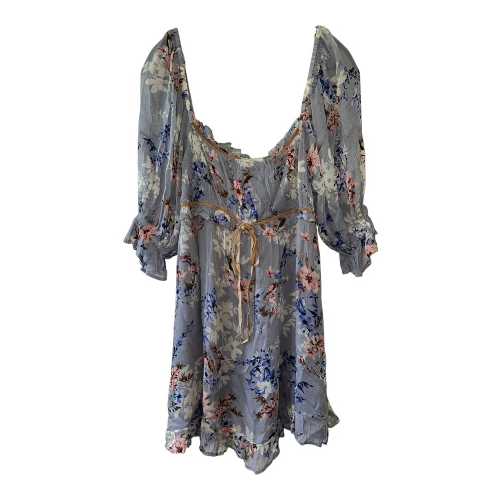 Free People Marney Mini Babydoll Dress Floral Puff Sleeve Velvet Ribbon NWT Sz L - Picture 4 of 8